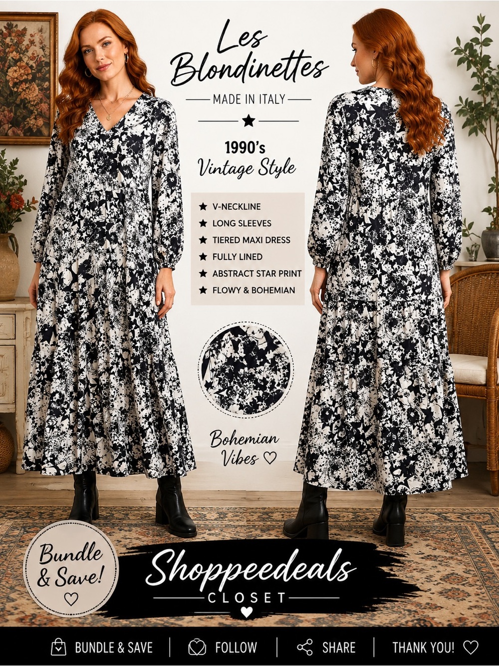 Les Blondinettes Made in Italy Abstract Star Print Tiered Maxi Dress XL